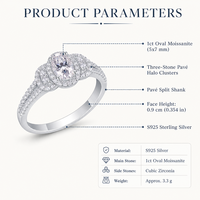 Bague de fiançailles en moissanite en argent S925, 1 carat, taille ovale, quatre griffes, halo ovale en CZ, double pavé, pour femme, vente en gros