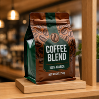 Sachet de café à fond plat personnalisé OEM avec motif de grains de café, 250g, en aluminium, avec fermeture éclair, pour mélange de café