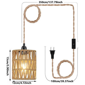Lámpara colgante de ratán redonda E27 con control de interruptor LED, montada para decoración de sala de estar y dormitorio - Product Image 5
