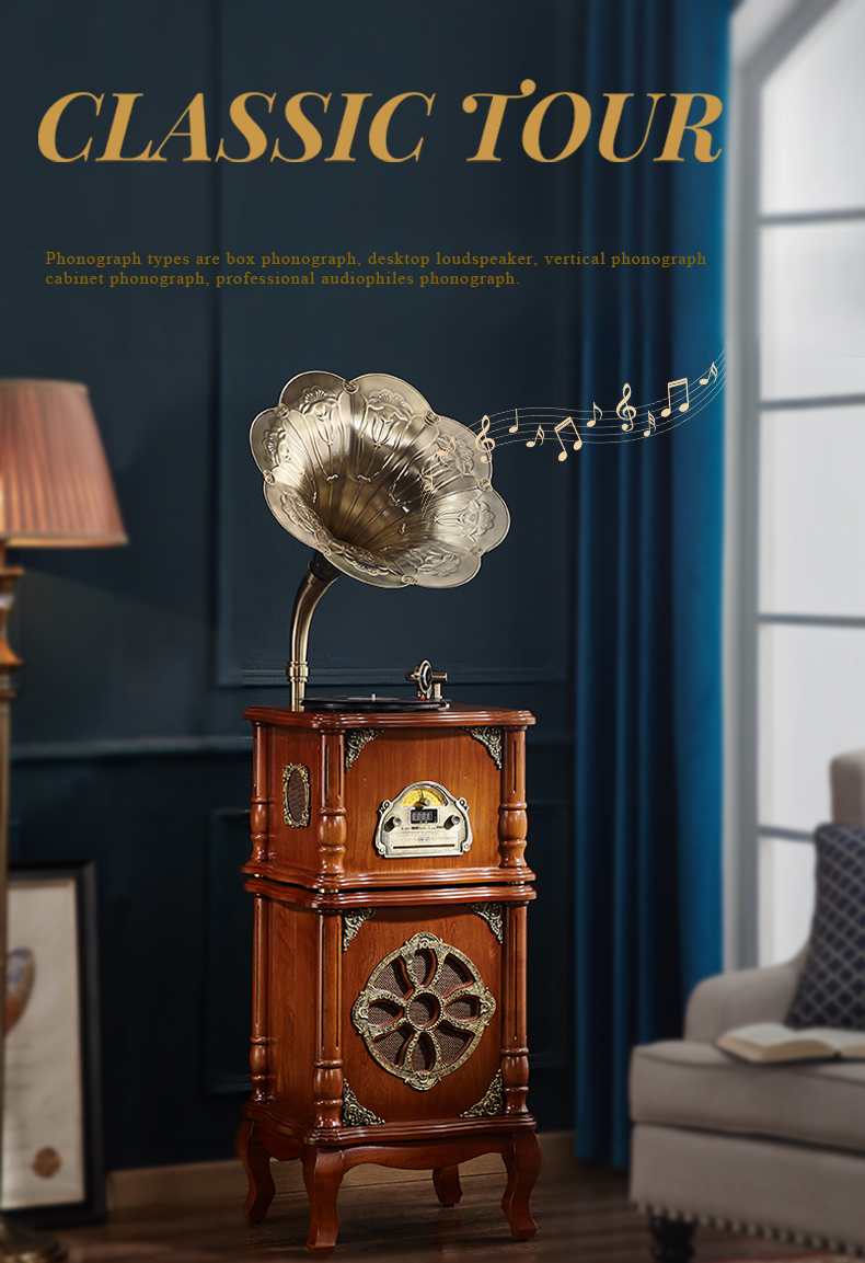 Wooden vinyl turntable Vintage speaker Home audio record player gramophone