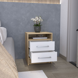 Nightstand 20 H Two <b>Drawers</b> White Light Oak Metal Handles <b>Storage</b> <b>Drawer</b> - Product Image 2