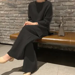 Solid Color Split Sweater Wide Leg Pants Two-piece Set For Women's 2024 Autumn And Winter New Fashionable Loose Knit Set