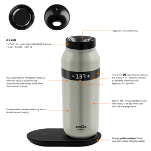EmiGo TempMaster 475ml Gris <span class=keywords><strong>Gaviota</strong></span>, Taza de Café Inteligente con Calefacción, Control por Aplicación, Termostato, Taza de Viaje con Pantalla Táctil - Product Image 4