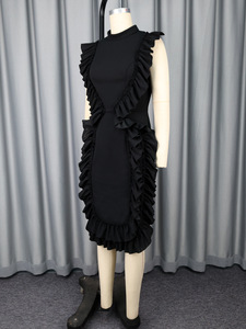 Robes midi noires à volants sans manches pour femmes - Robe de soirée élégante et formelle avec col montant et détail de volants superposés - Product Image 5