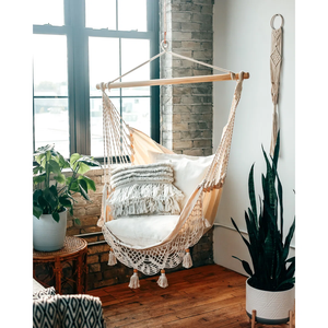 Boho Crochet Chaise <span class=keywords><strong>Hamac</strong></span> Balançoire Chaises Suspendues pour Jardin Intérieur et Extérieur Barre de <span class=keywords><strong>Support</strong></span> en <span class=keywords><strong>Bois</strong></span> 330LBS - Product Image 2