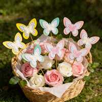 Décoration de jardin en forme de papillon à 3 couches, pot de fleurs, piquet à fleurs, motif à carreaux scintillant, décoration de jardin printanière, piquet pour plantes, jaune pastel, vert, rose