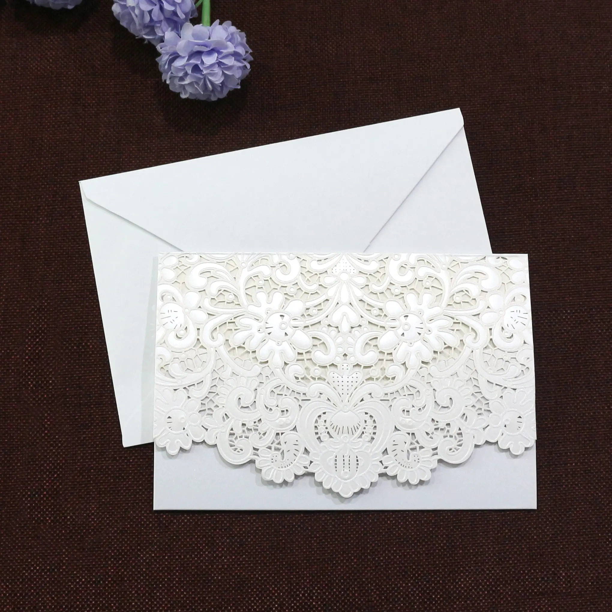 Good quality elegant laser cut tri-folded pocket luxury wedding invitations combination blank insert card and envelope