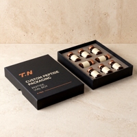 Boîte rigide personnalisée avec couvercle et base noir mat pour flacons de peptides, 8 flacons, carton gris, doublure en éponge, logo estampé à chaud, fabrication artisanale