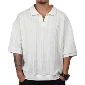 OEM Mens Blank Oversized Design Knitted Tee T-shirt Custom Logo Men High Quality Drop Shoulder Crochet Mesh Polo T Shirt For Men