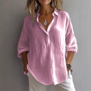 Chemise en lin à col rabattu, manches trois quarts, couleur unie, décontractée, style européen et américain, pour femmes, printemps/été - Product Image 3
