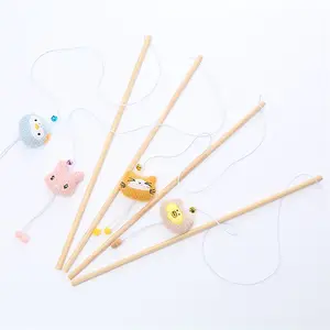 Cute animal head shape bell squeak sound wooden pole funny cat toy stick