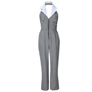 Sexy Backless Hollowed Out Loose Waist Shirt Collar Zipper Plaid Models Wide Legged <b>Pants</b> Women's Jumpsuit Fashion - Product Image 6