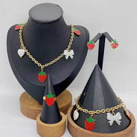 Populaire Kersen Watermeloen Aardbei Ananas Rvs Ketting Oorbellen Armband Ring 4 Stuks Sieraden Set Voor Vrouwen