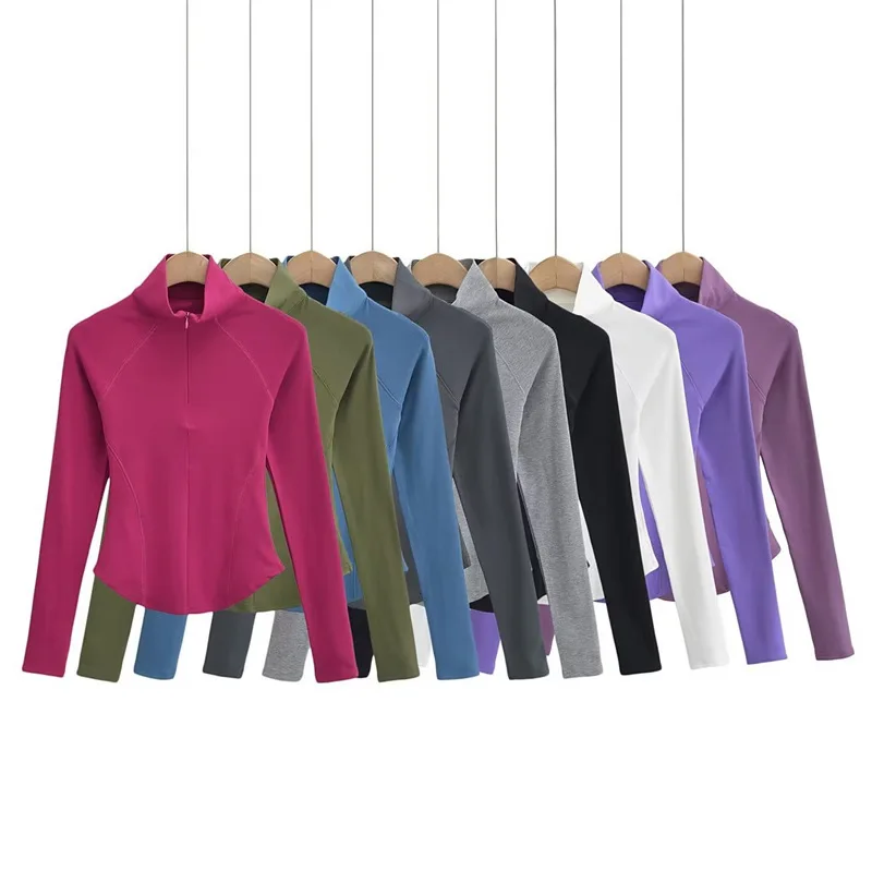 American Non-Fleece Spandex/Nylon Semi-High Collar Skinny Fit Long-Sleeved Solid Color Yoga Shirt Quick-Dry Breathable Women's