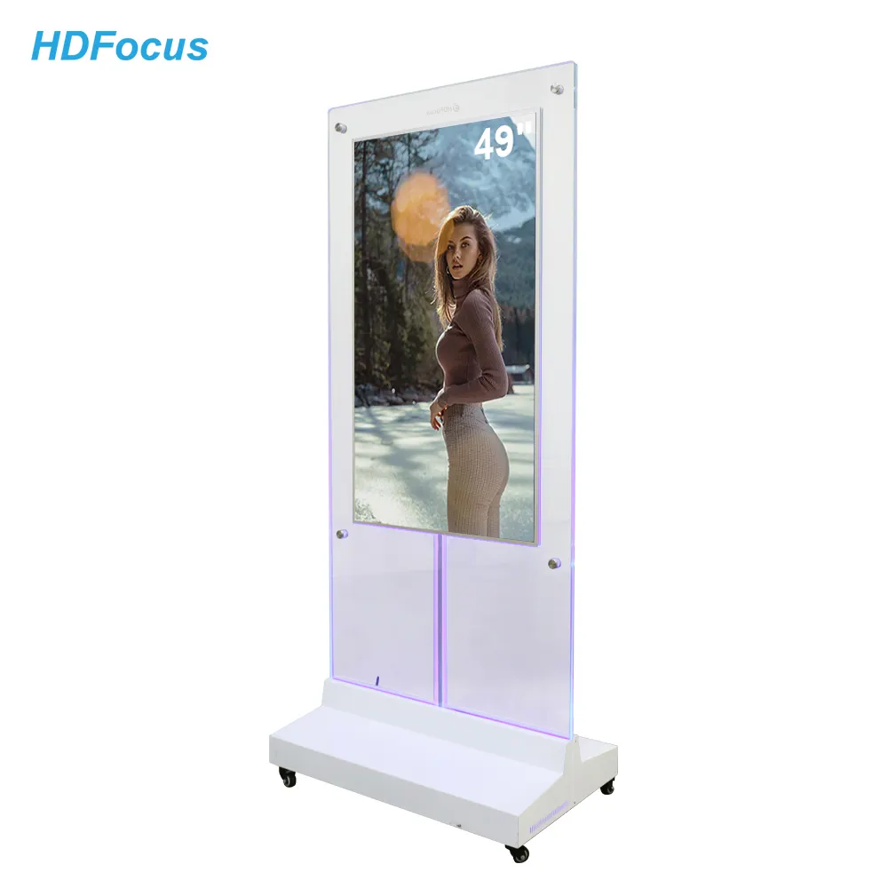 Sıcak 49 inç çift taraflı zemin ayakta şeffaf dijital tabela çift sistem LCD reklam ekranı