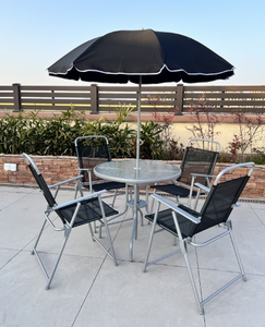 Set di Mobili da Esterno Moderni in Metallo Pieghevoli, Resistenti all'Acqua e ai Raggi UV, con 6 Pezzi: 4 Sedie, 1 Tavolo e 1 Ombrellone - Product Image 2