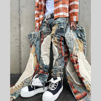 AeeDenim élégant en détresse patch jean Streetwear Hip Hop épissé trous lourds usé broderie Denim pantalon empilé jean hommes