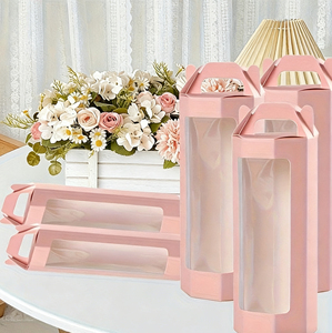 Bouquet di Fiori Singoli <span class=keywords><strong>Rosa</strong></span> con Manico, Scatola Regalo Ecologica Personalizzata, Laminazione Opaca UV, Confezione Esagonale per Rose, Bomboniere Matrimoniali - Product Image 1