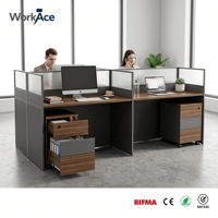 Poste de travail de bureau moderne et écologique avec cloison en verre dépoli, bureau à effet bois et tiroir de rangement mobile BIFMA