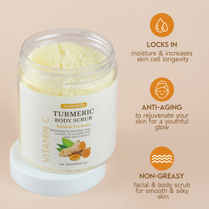 Gommage corporel exfoliant au curcuma pour éliminer les peaux mortes, vitamine C, taches brunes, éclaircissant, pour une peau éclatante, zone du bikini et aisselles - Product Image 1
