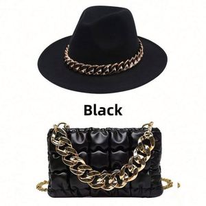 Custom Wholesale Vintage British Style Lady Wide Flat Brim Wool Panama Fedora Hat and Purse Fedora Hat With Chains - Product Image 5