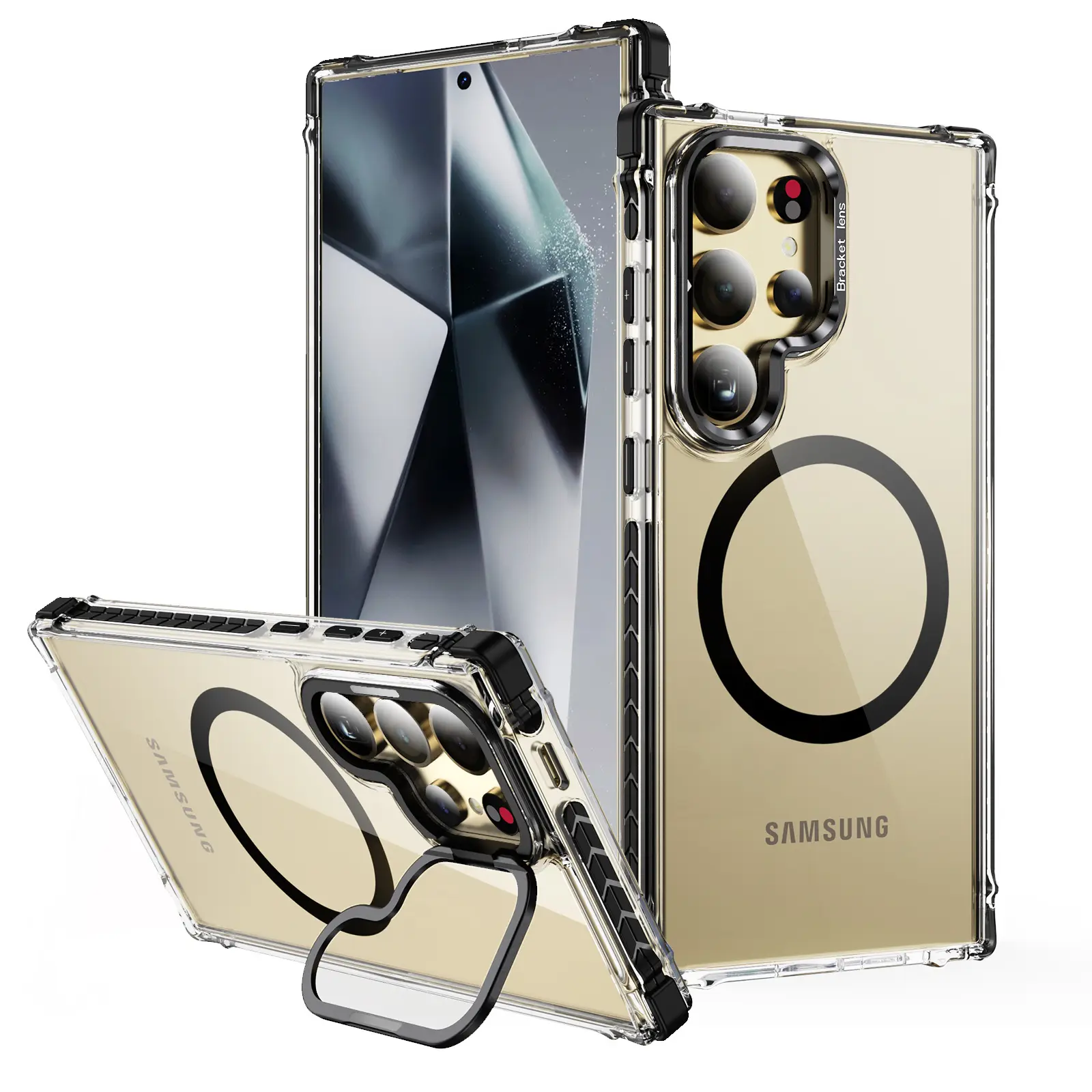 Venta caliente a prueba de golpes TPU PC para Samsung Galaxy S23 S24 funda de teléfono magnética ultra cristalina con cubiertas de lente de soporte de anillo
