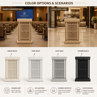 Comptoir de réception moderne avec finition dorée, panneau cannelé en MDF, plateau à niveaux multiples et base LED pour salon de manucure et bureau