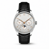 Montre mécanique automatique avec logo personnalisé, affichage de la phase de lune, calendrier, cristal saphir, boîtier rond en acier inoxydable, bracelet en cuir