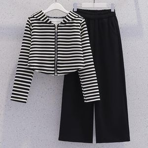 Set di Abbigliamento Sportivo Coreano per Bambine e Ragazze Adolescenti, Felpa con Cappuccio a Righe e Pantaloni della Tuta, 2 Pezzi, Moda Autunno Primavera - Product Image 2