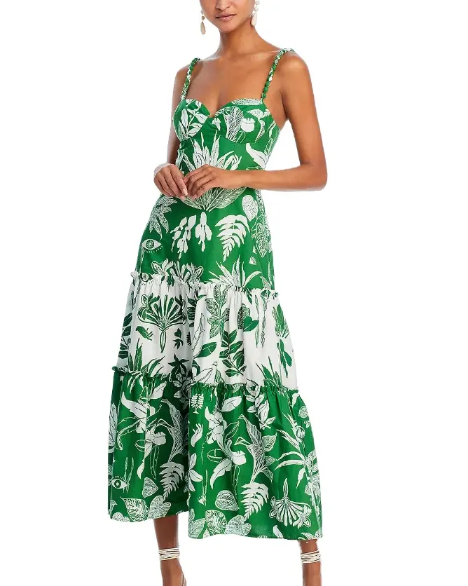 Vestido feminino personalizado fabricante de roupas 2024 Desenho floral decote V plissado plissado até o joelho vestidos elegantes verão maxi