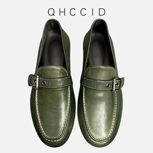 Qhccid Green Leather Loafers With Metal Buckles <b>Slip</b> <b>On</b> Soft Sole Low Heel Men's Shoes - Product Image 1