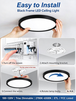 Plafonnier LED rond noir OEM de 12 pouces, 24W, 5CCT, 2700K-6500K, 0,98 pouces d'épaisseur, 120V, certifié ETL FCC