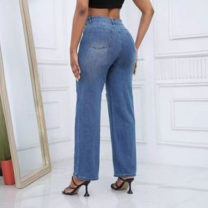 Jeans de Alta Gama Personalizados, Estilo Europeo Americano, Corte Recto, Lavados, de Cintura Alta, Holgados, de Secado Rápido, para Mujer, Venta al Por Mayor - Product Image 2