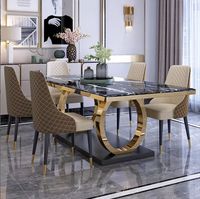 Ensemble de table et chaises de salle à manger rectangulaire en marbre de luxe léger avec pieds en métal, mobilier moderne pour villa