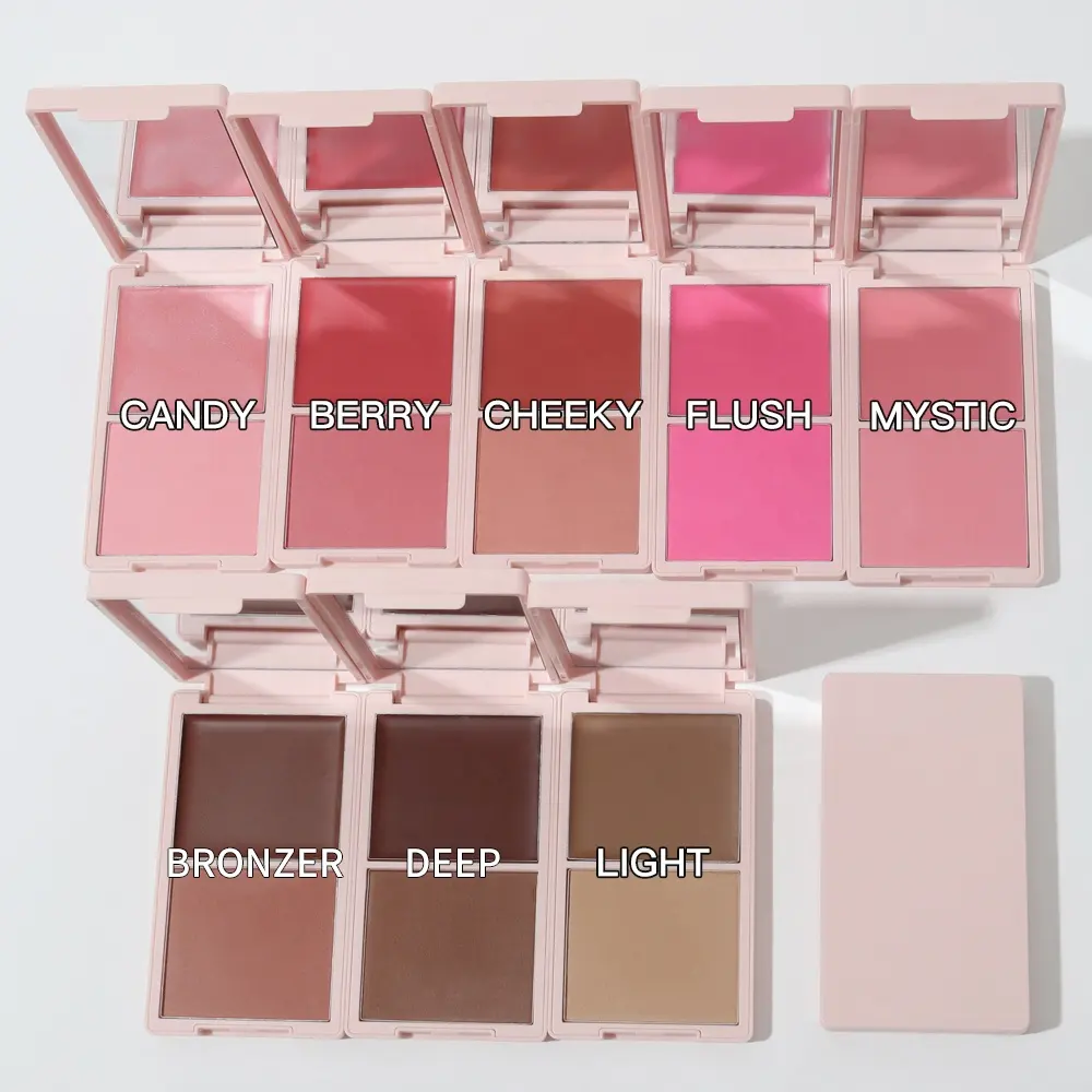 Grosir Pink Eyeshadow Blush Vegan Tahan Lama Kustom Bubuk Krim Make Up Highlighter dan Blush Palet Label Pribadi