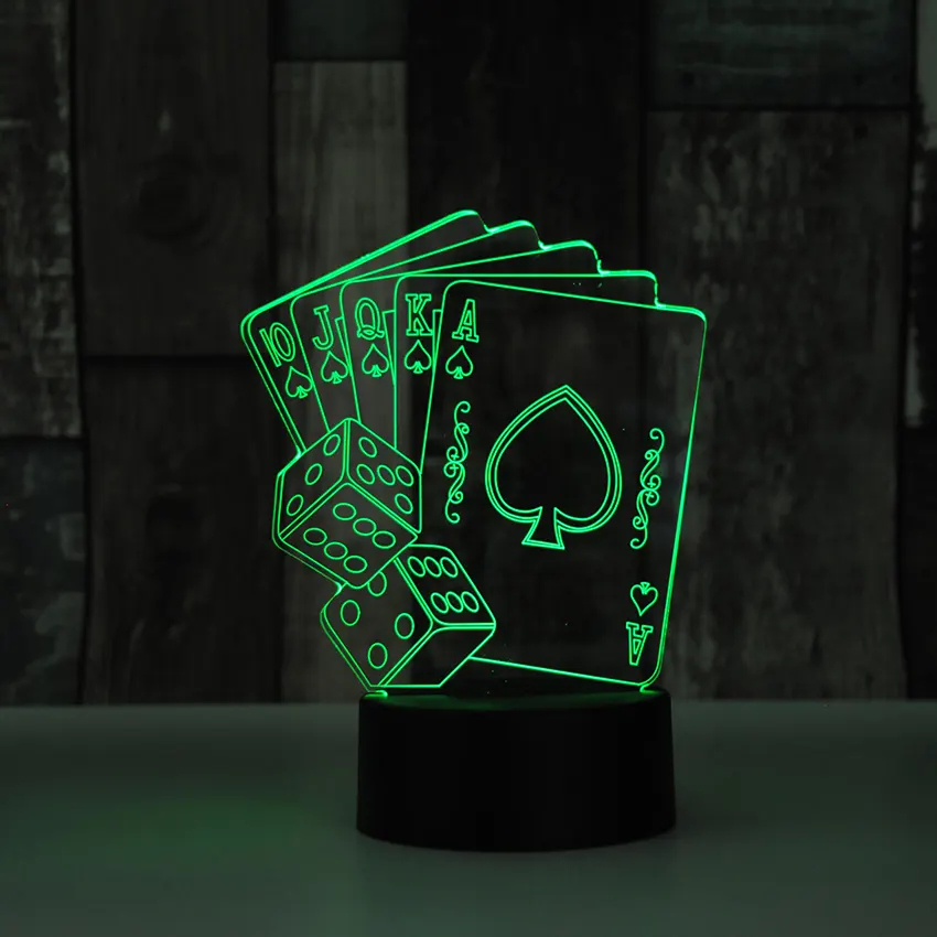 रचनात्मक 3D एलईडी यूएसबी दीपक पोकर पासा खेल कार्ड आकार 7 रंग बदलने 3D रात को प्रकाश