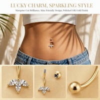 Anneau de nombril en acier inoxydable 316L plaqué or 14 carats, barre incurvée avec 3 fleurs en oxyde de zirconium marquise, bijou de piercing hypoallergénique
