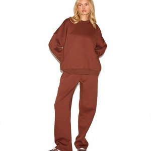 Women's <b>Brown</b> Cotton Tracksuit Set Crew Neck Sweatshirt <b>Jogger</b> Pants Loose Fit Solid Color Casual Autumn Wear Full Length - Product Image 1