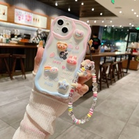 Coque de téléphone pour iPhone XSMAX/16, TPU antichoc, motif mignon d'ours et de lapin, vague tridimensionnelle, avec poignée