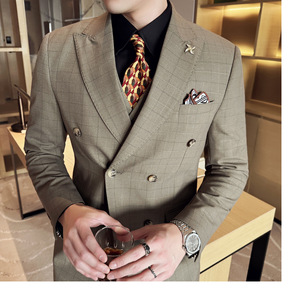 Costume <span class=keywords><strong>de</strong></span> Mariage Trois Pièces Croisé Haut <span class=keywords><strong>de</strong></span> Gamme à Revers en Pointe, Motif Carreaux, Style Britannique pour <span class=keywords><strong>Homme</strong></span> - Product Image 4