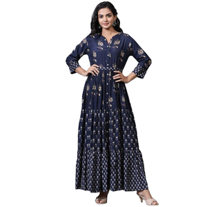 Nueva llegada Odette muselina azul claro impreso vestido cosido estilo Rajasthani en línea Kurti ropa india y paquistaní precio bajo - Product Image 1