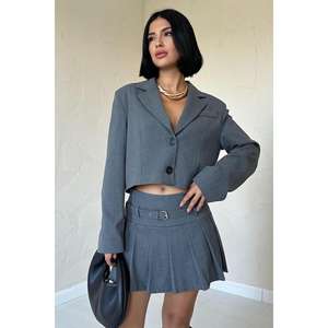 Conjunto de Chaqueta Bomber y Falda Plisada para Mujer en Gris, Manga Larga, Tela de Lana, Estilo Minimalista Normcore, Transpirable - Product Image 3