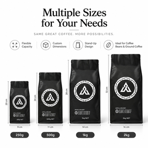 Sac à café personnalisé de 1 kg, noir mat, fond plat, avec valve de dégazage et fermeture éclair, pour l'emballage des grains de café torréfiés - Product Image 4