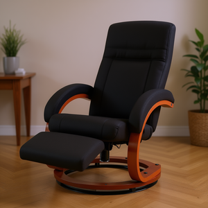 Adjustable Black Manual Recliner Chair With <b>Padded</b> Arms Footrest Swivel Wood Base For Living Room - Product Image 2