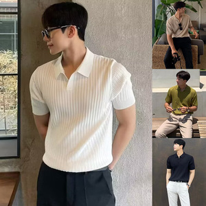 เสื้อโปโลถักสำหรับผู้ชาย แขนสั้น ระบายอากาศได้ดี ทรงเข้ารูป สวมใส่สบาย คอวี ปกพับได้ สไตล์ผ้าไหมน้ำแข็ง - Product Image 1