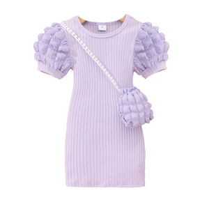 Vestido de Punto de Poliéster de Color Sólido con Cuello Redondo y Mangas Cortas con Volantes Ligeros para Niñas - Product Image 5