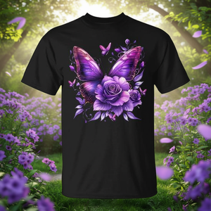 Camiseta floral con estampado de mariposas y rosas moradas para mujer - Product Image 3