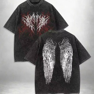 T-shirt streetwear oversize à épaules tombantes, double face, délavé à l'acide, avec motif ailes d'ange gothiques et épines - Product Image 3
