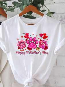 T-shirt per San Valentino da donna con stampa di zampa a forma di cuore, girocollo, casual, primavera estate, 100% cotone, taglie forti, alla moda - Product Image 3