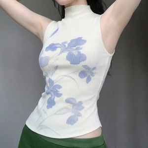 Sleeveless Crop Vest High Neck Slim Fit Botanical Print Chinese Vintage Hot Girl U Hem <b>Top</b> - Product Image 6